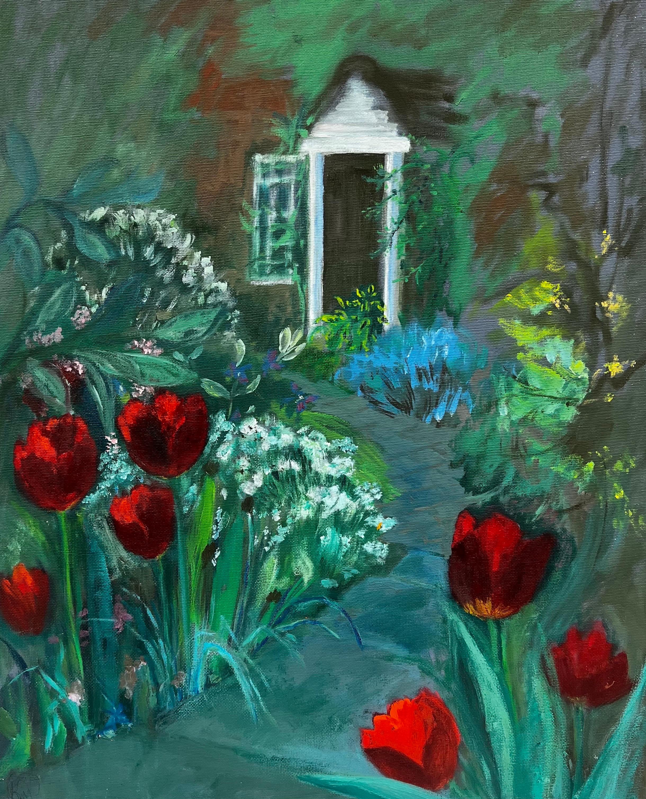 Abstract Painting de Kathleen Crow - El camino de los tulipanes rojos hacia el jardín secreto, cuadro original firmado