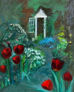 Antique The Red Tulip Path To The Secret Garden, signed original painting