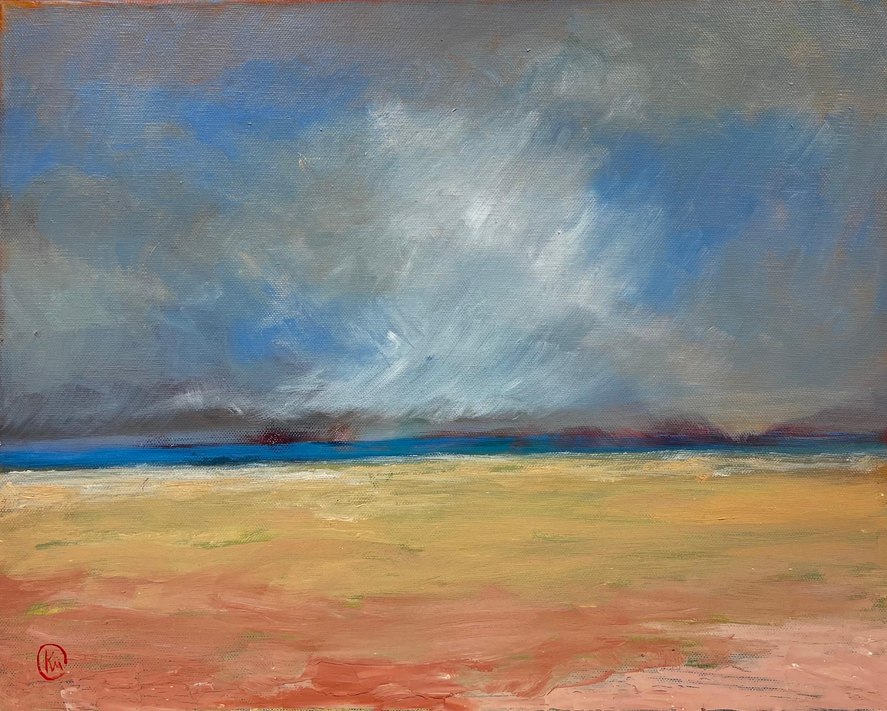 Kathleen Crow Landscape Painting - Windswept Beach Scene Blustery Skies Contemporary Modern British Painting