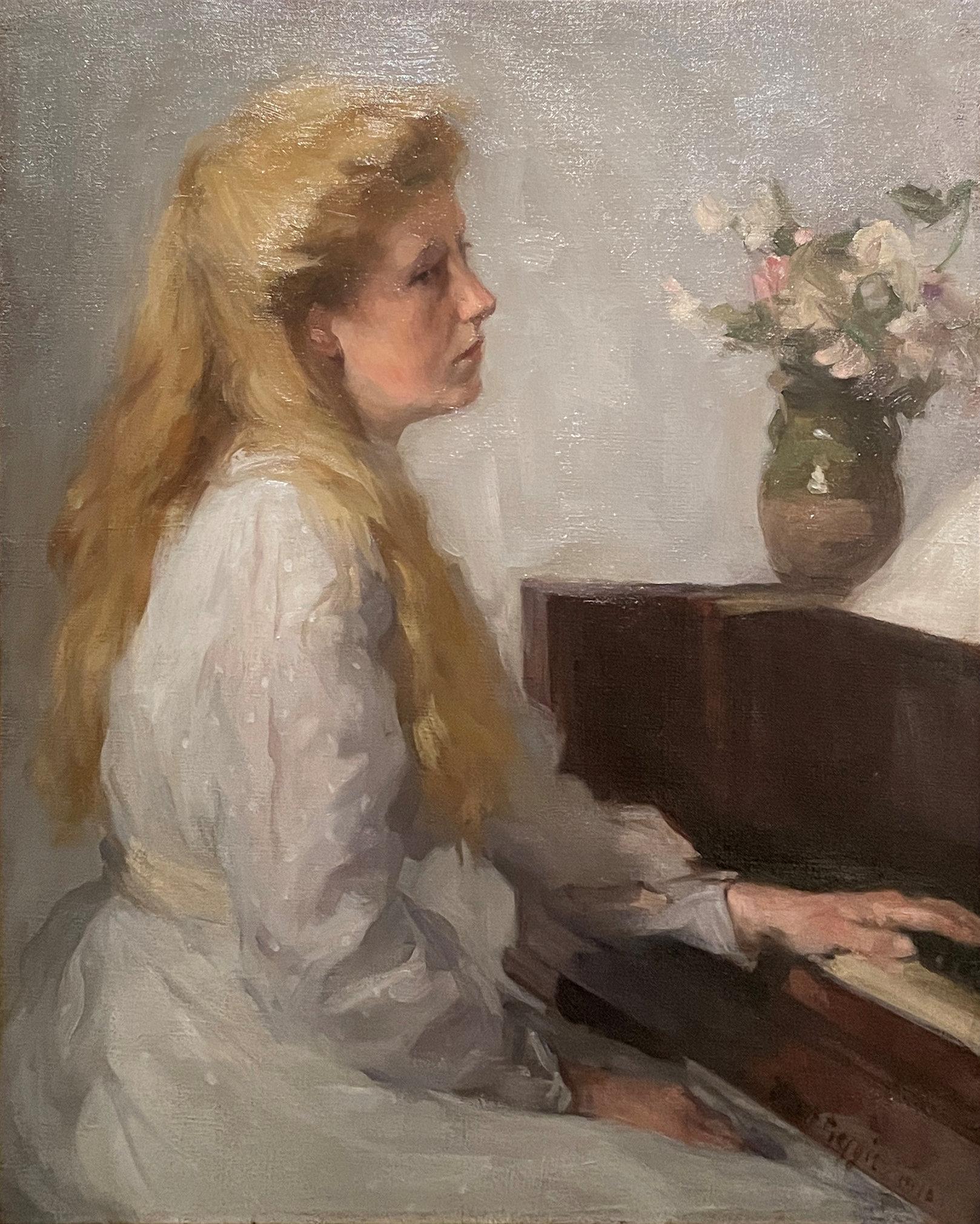 Kathleen E. Figgis Figurative Painting - "Lady at Piano, " Kathleen Figgis, Figurative Woman Playing Instrument