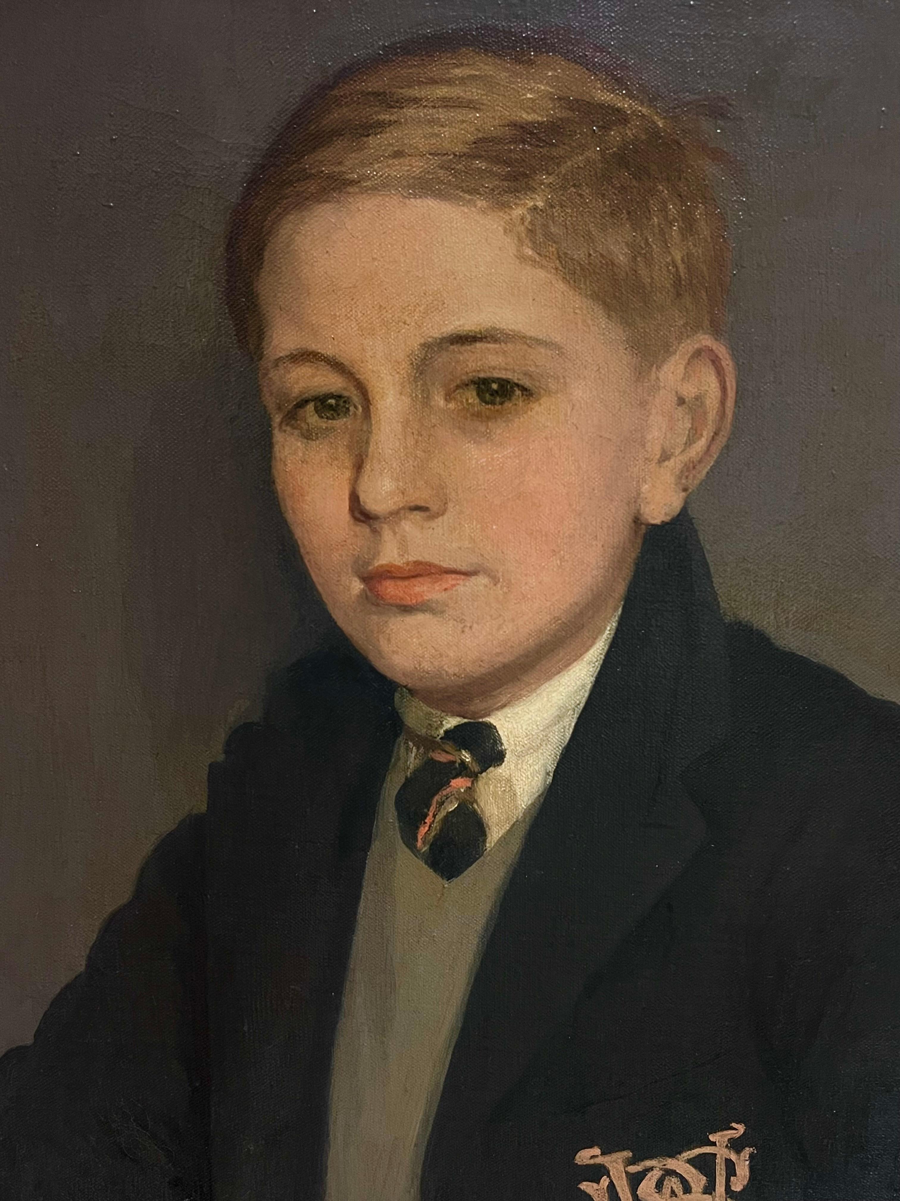 Pittura a olio britannica del 1930 Ritratto di ragazzo della scuola di Westminster in uniforme - Figurative Painting Nero di Kathleen Emily Temple-Bird (British 1879 - 1962)