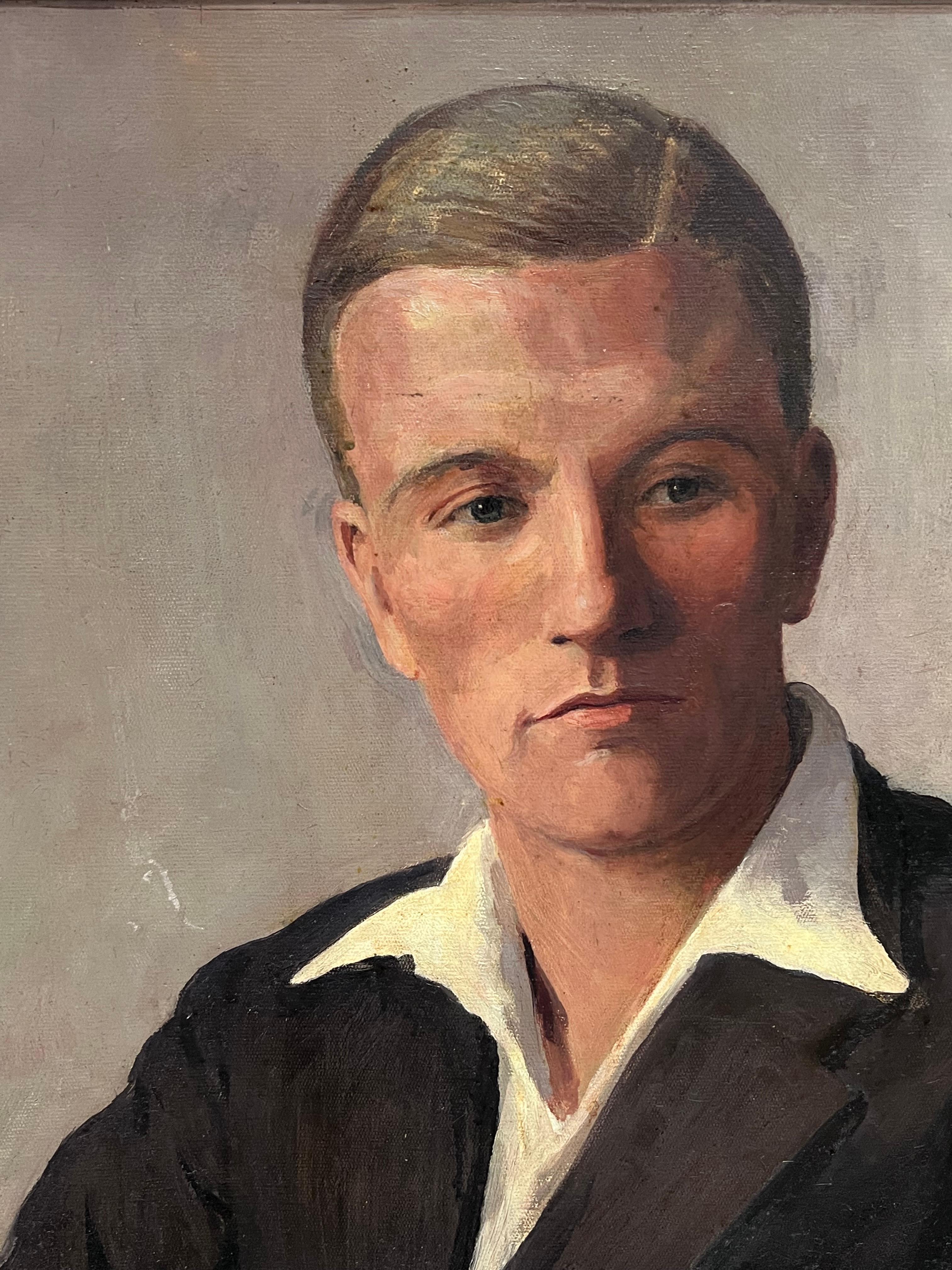 Ritratto del 1930 di un giovane gentiluomo inglese in giacca e cravatta di un club sportivo universitario - Painting Scuola inglese di Kathleen Emily Temple-Bird (British 1879 - 1962)