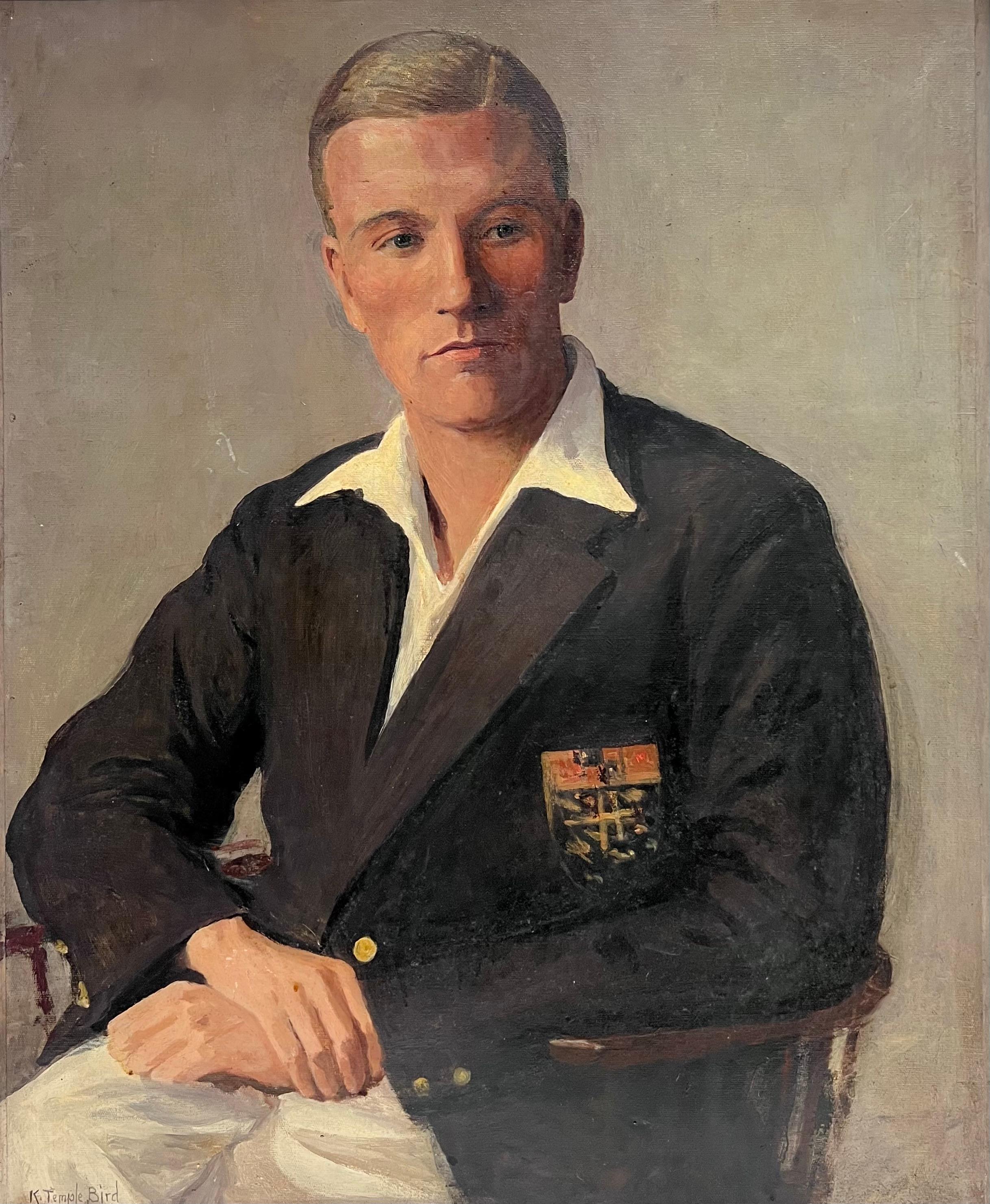 Portrait Painting di Kathleen Emily Temple-Bird (British 1879 - 1962) - Ritratto del 1930 di un giovane gentiluomo inglese in giacca e cravatta di un club sportivo universitario