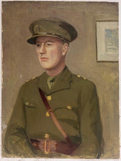 Portrait of WW11 British Army Officer Soldier Antique English Oil Painting
