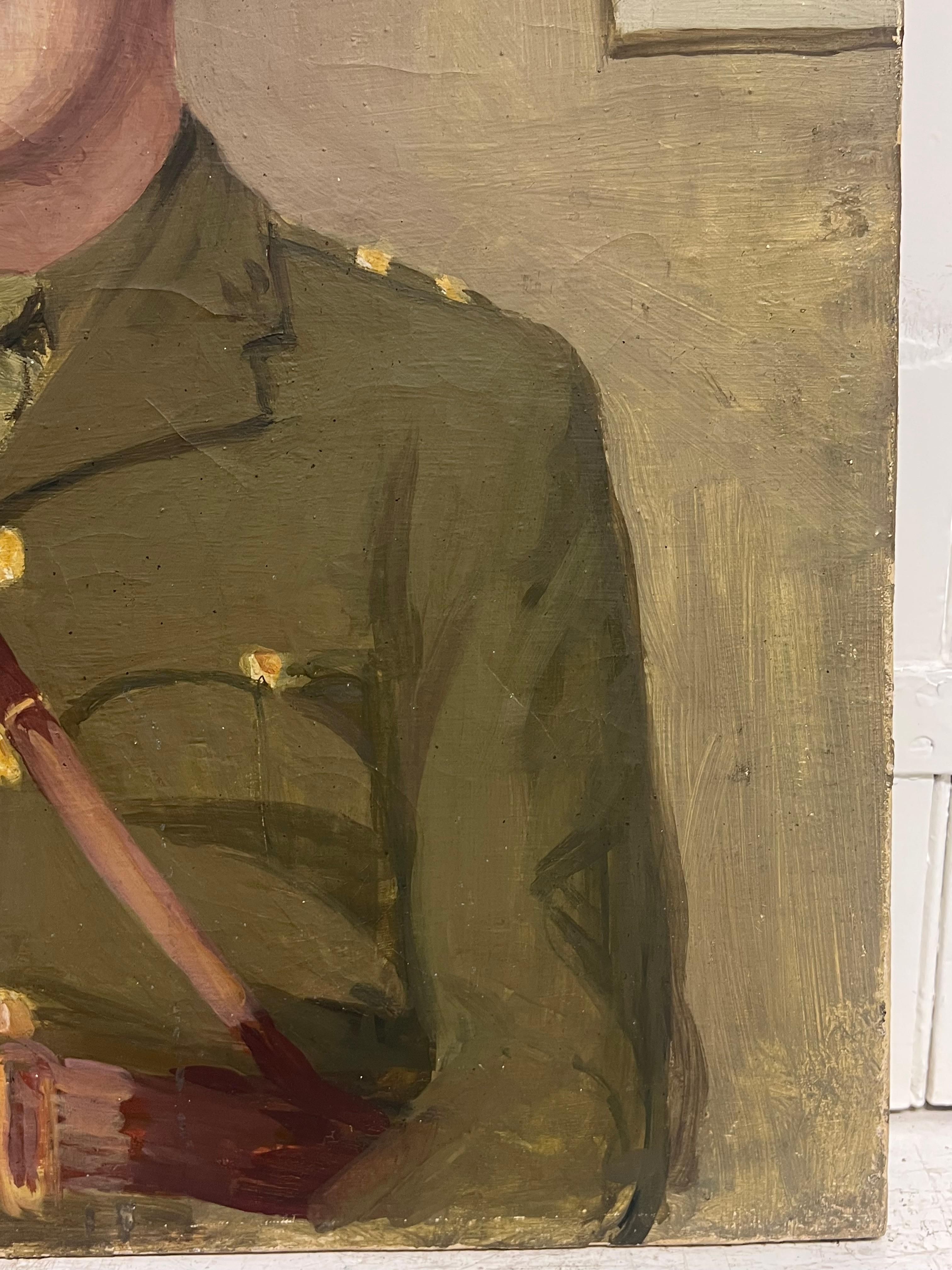 Portrait of WW11 British Army Officer Soldier Antique English Oil Painting For Sale 1