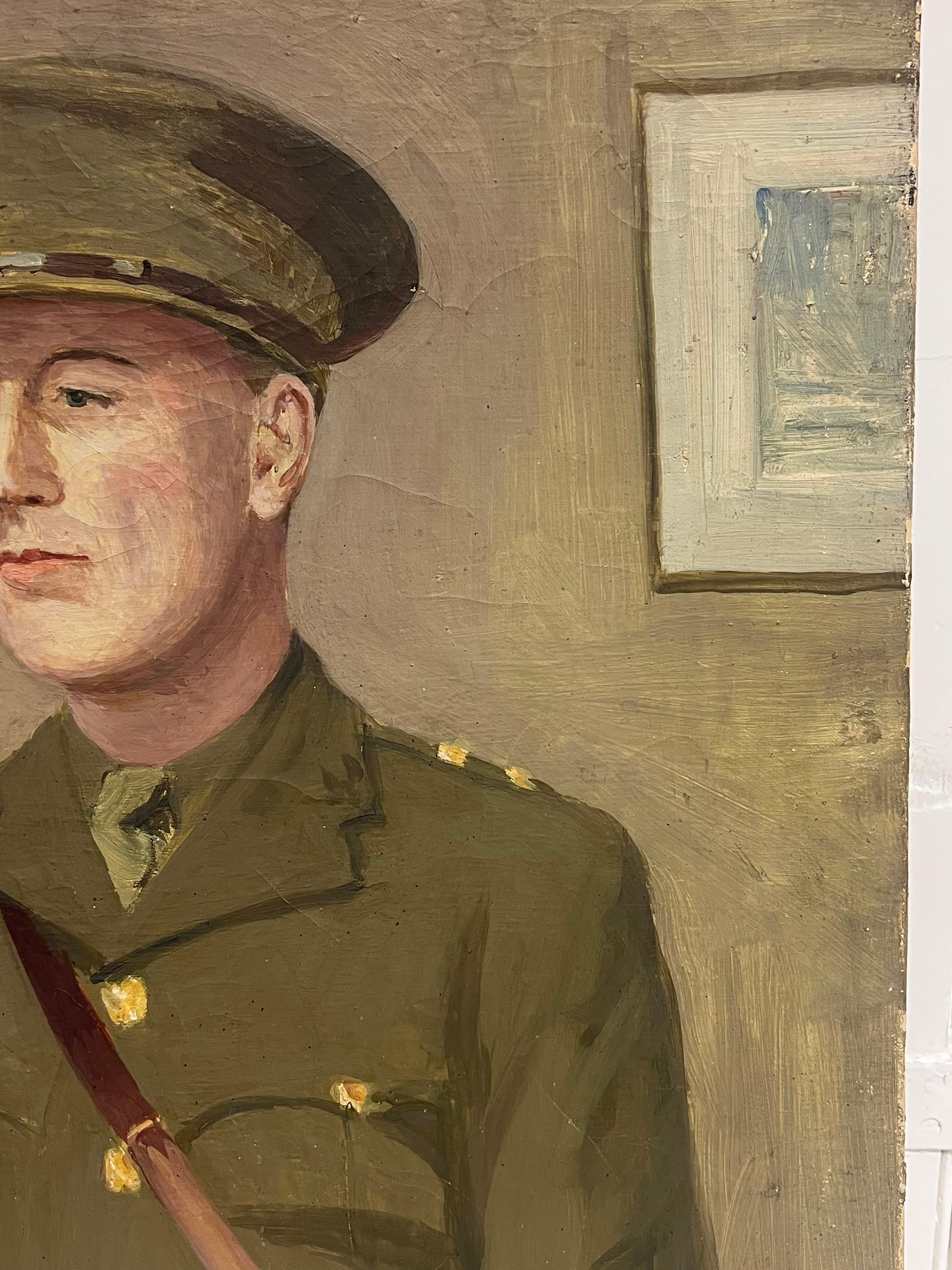 Portrait of WW11 British Army Officer Soldier Antique English Oil Painting For Sale 2