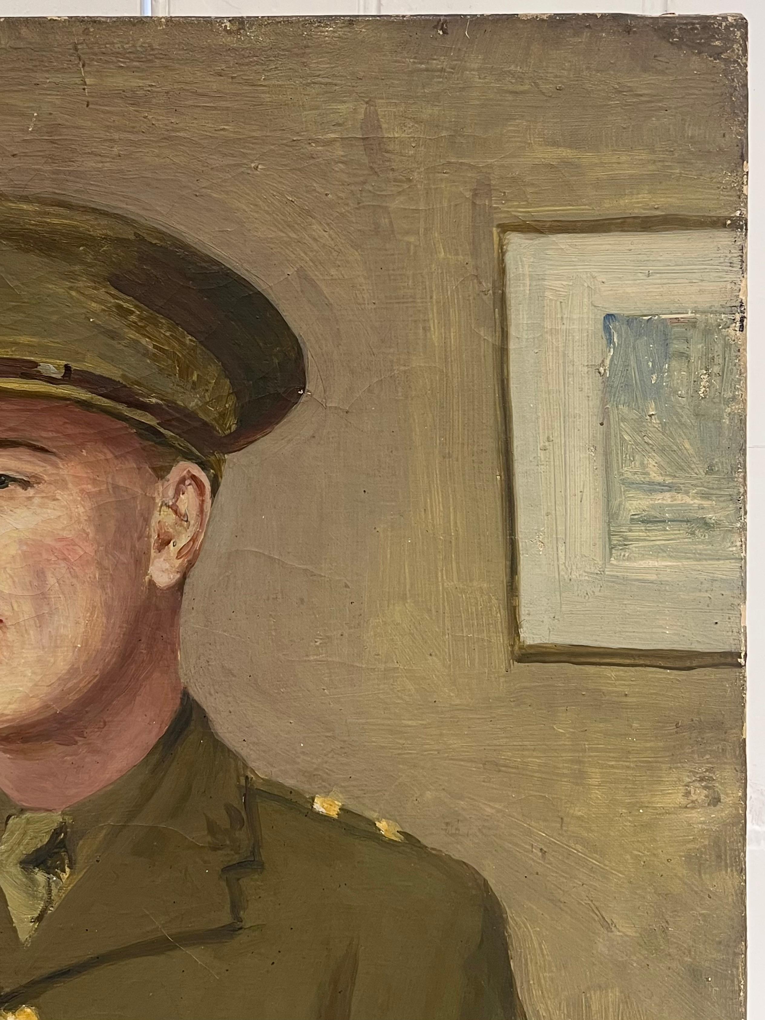 Portrait of WW11 British Army Officer Soldier Antique English Oil Painting For Sale 3