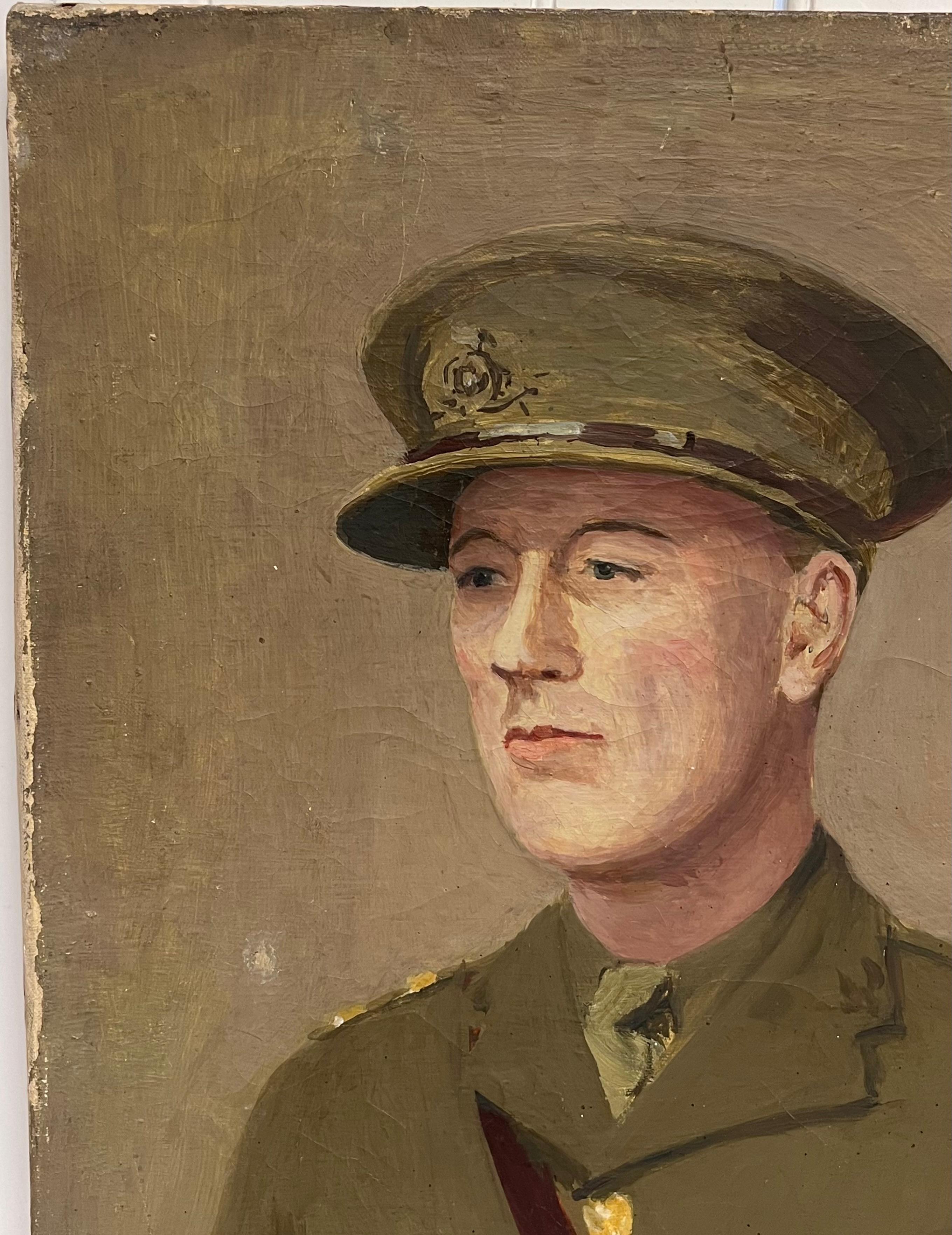 Portrait of WW11 British Army Officer Soldier Antique English Oil Painting For Sale 4