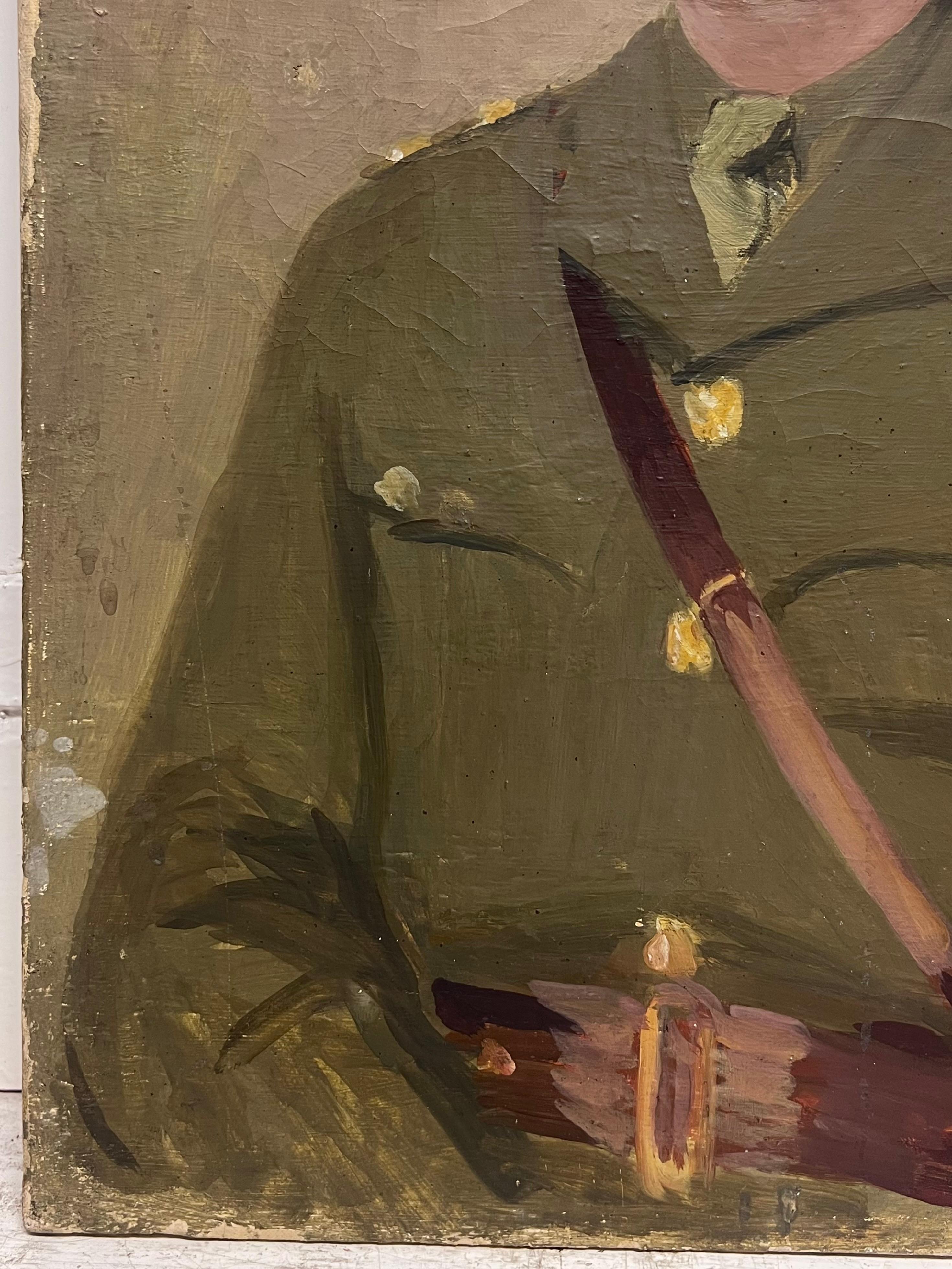 Portrait of WW11 British Army Officer Soldier Antique English Oil Painting For Sale 5