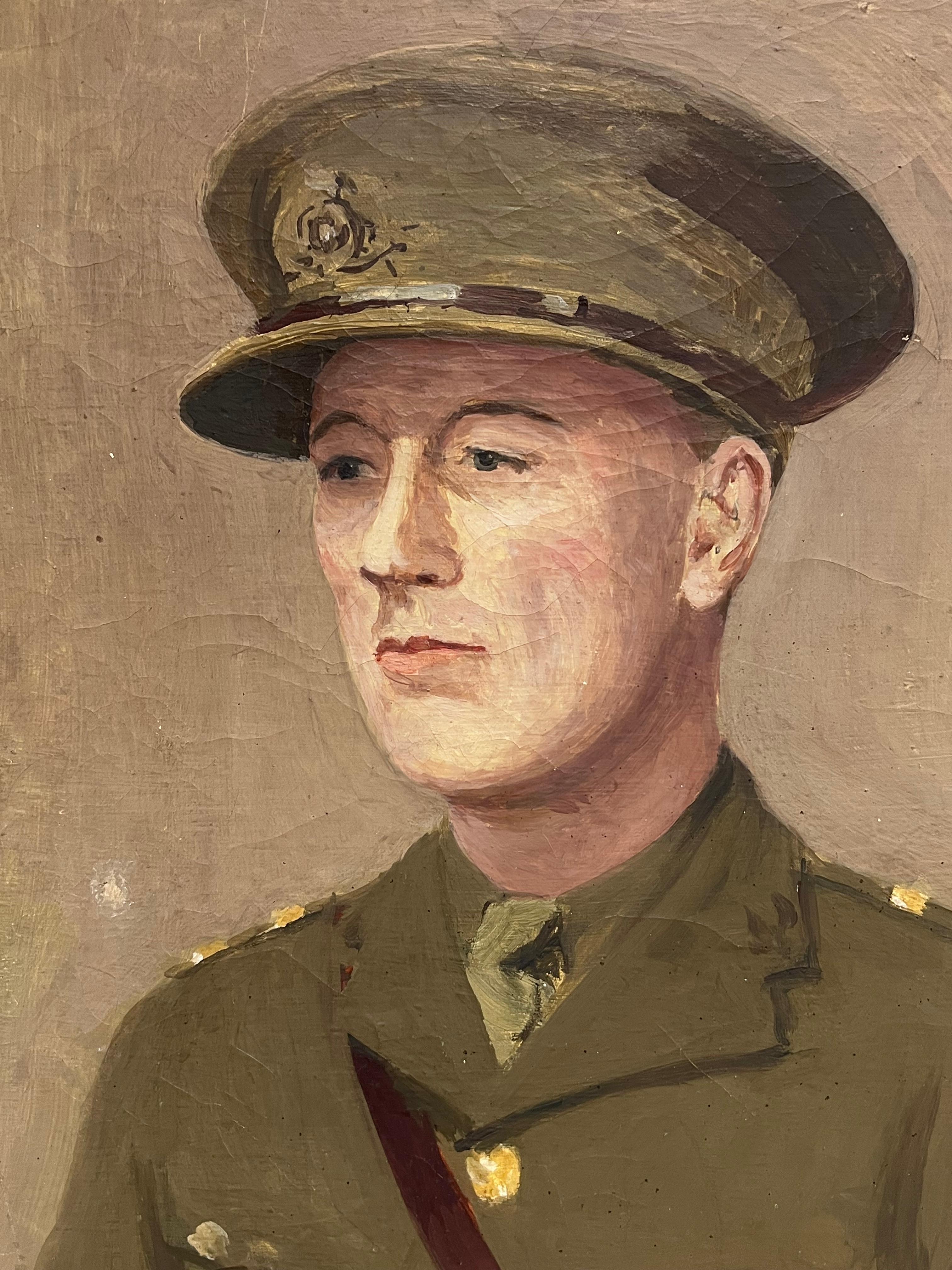 Portrait of WW11 British Army Officer Soldier Antique English Oil Painting For Sale 6