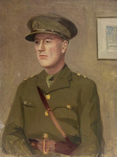 Portrait of WW11 British Army Officer Soldier Antique English Oil Painting