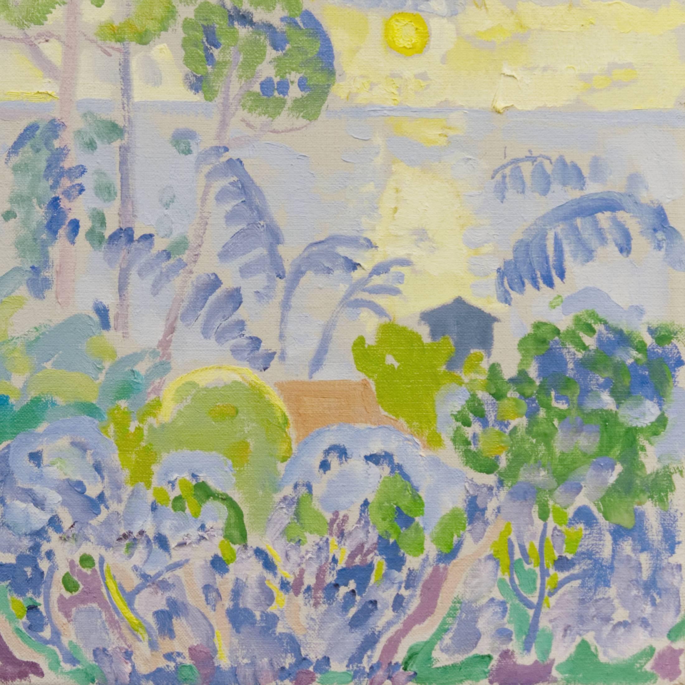 Sera, lilla e oro', olio modernista californiano - Landscape Painting Grigio di Kathleen Gee