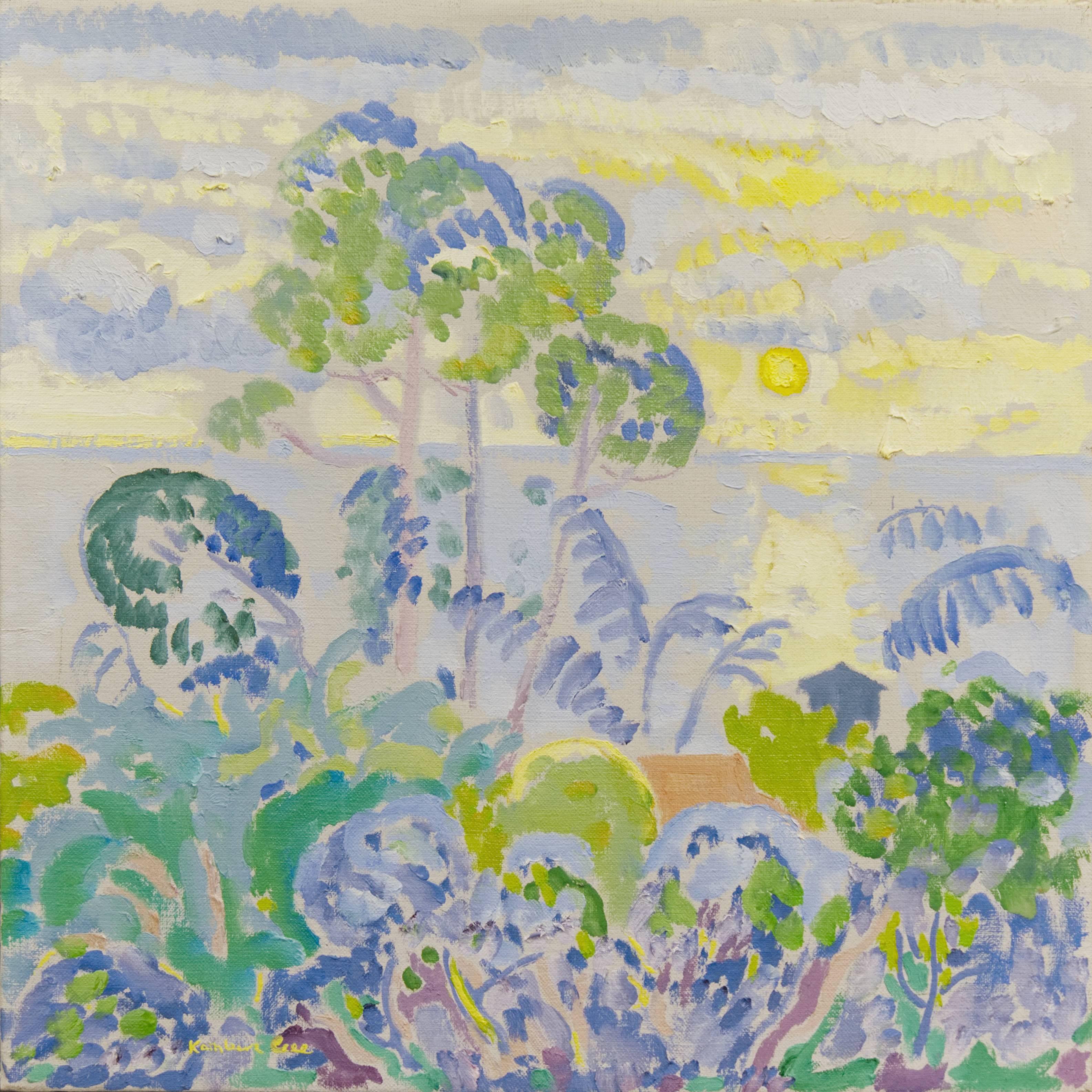 Landscape Painting di Kathleen Gee - Sera, lilla e oro', olio modernista californiano