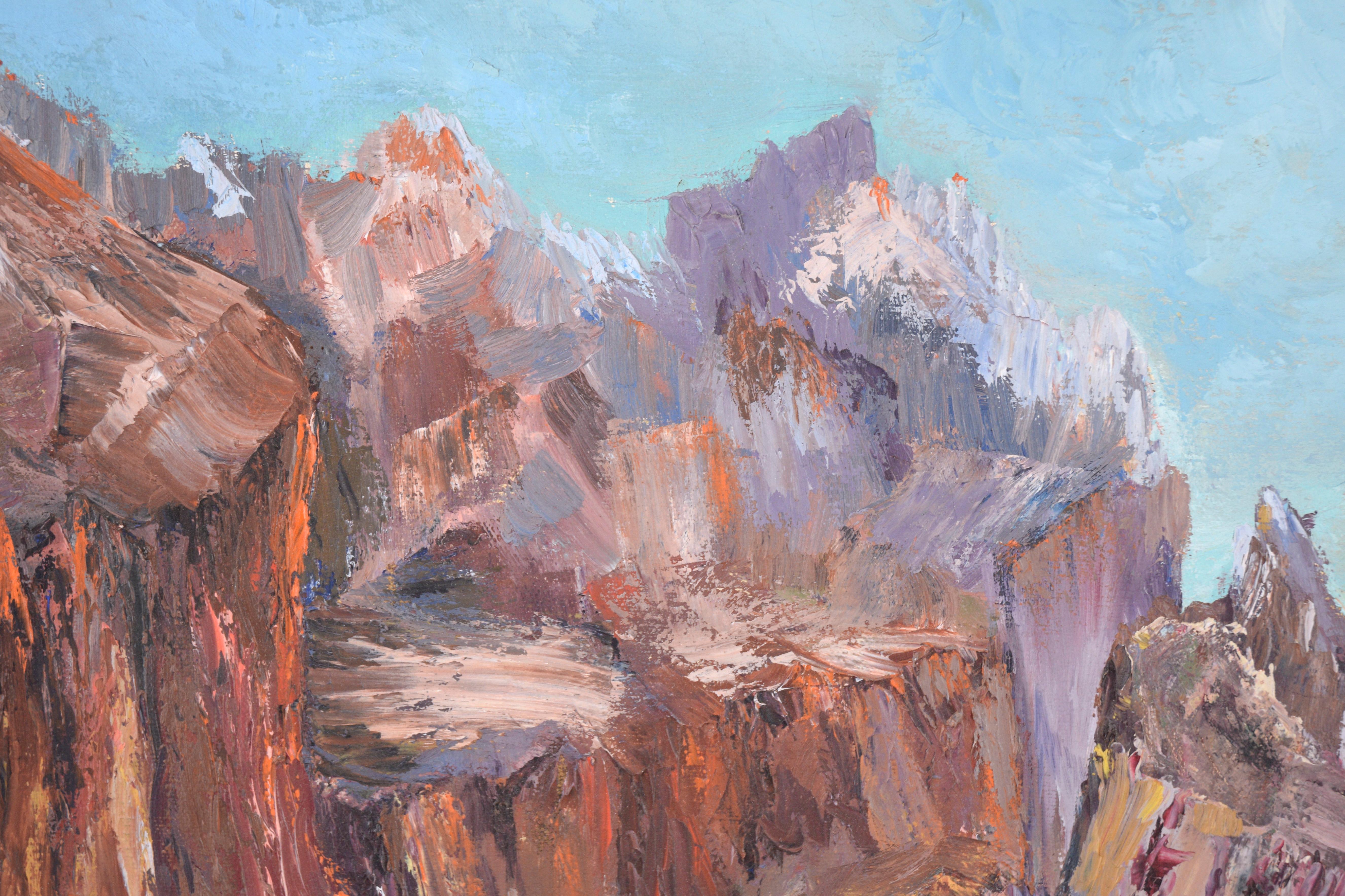Canyonlandschaft der kalifornischen Künstlerin Kathleen Jack (Amerikanerin, 1896-1988). Ein hellblauer Fluss schlängelt sich vom Vordergrund aus durch eine zerklüftete Schlucht. Die Canyons sind mit kräftigem Impasto gemalt und verleihen der