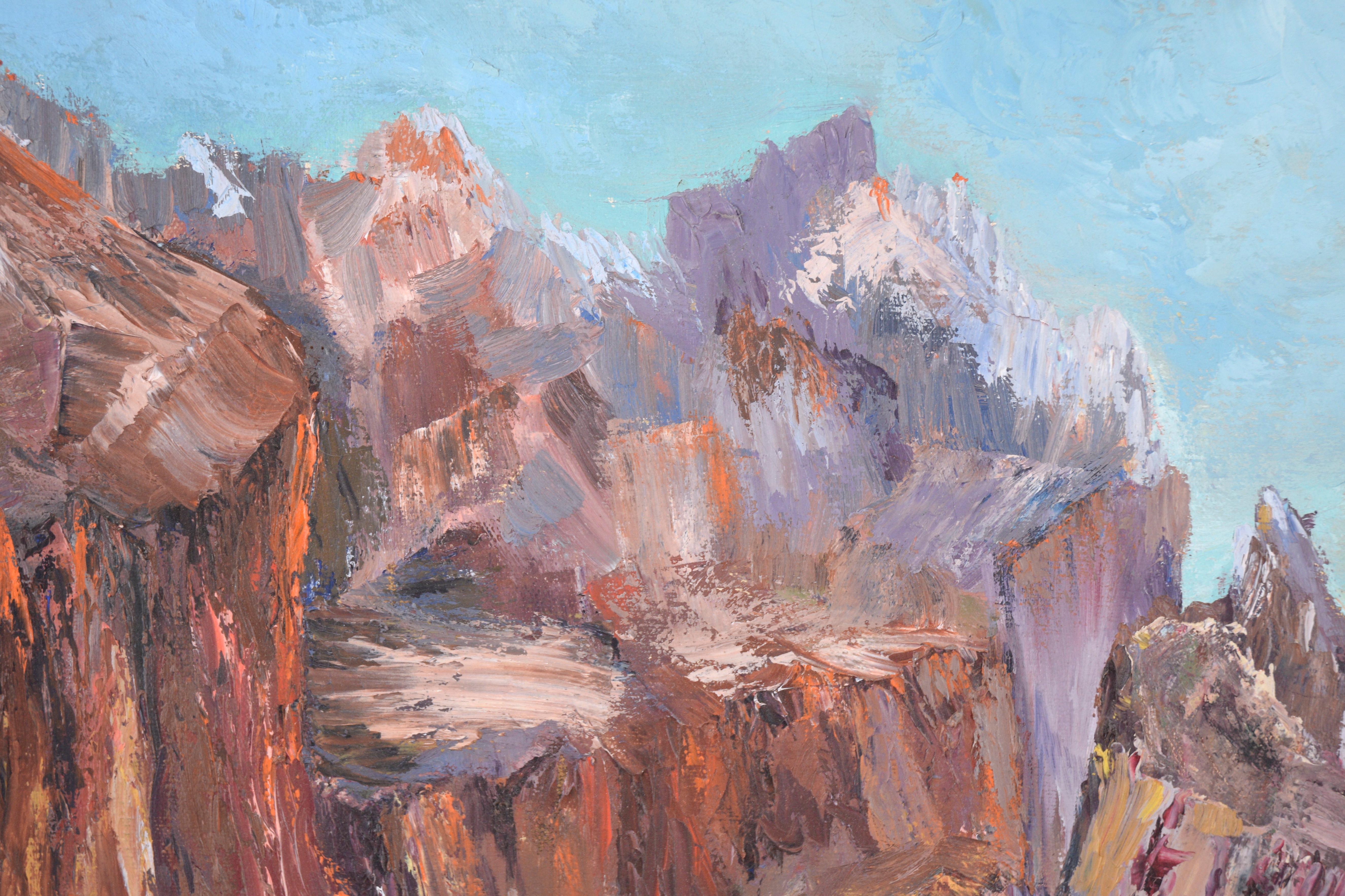 Paisaje de cañón de la artista californiana Kathleen Jack (estadounidense, 1896-1988). Un río azul brillante serpentea desde el primer plano a través de un cañón escarpado. Los cañones están pintados con fuertes empastes, que añaden textura a la
