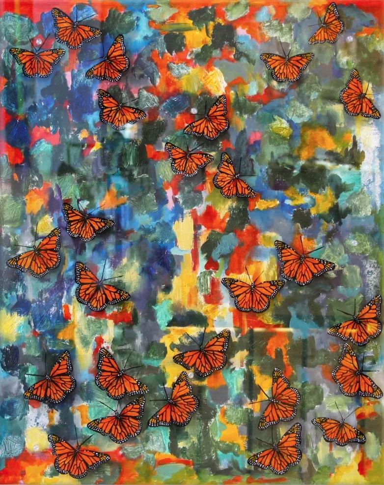 Kathleen Kane-Murrell Animal Painting - Painted Butterflies Over Plexiglass, "Searching For Sacred"
