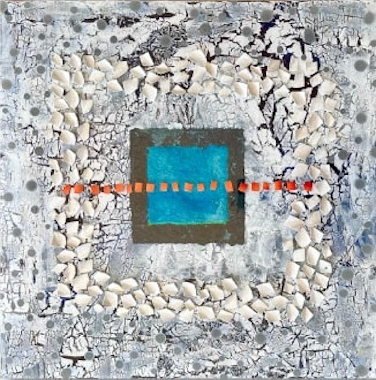 Pintura abstracta en técnica mixta, "Ventana azul"