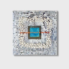 "Blue Window", Abstract Mixed Media Painting on Panel, 21st Century