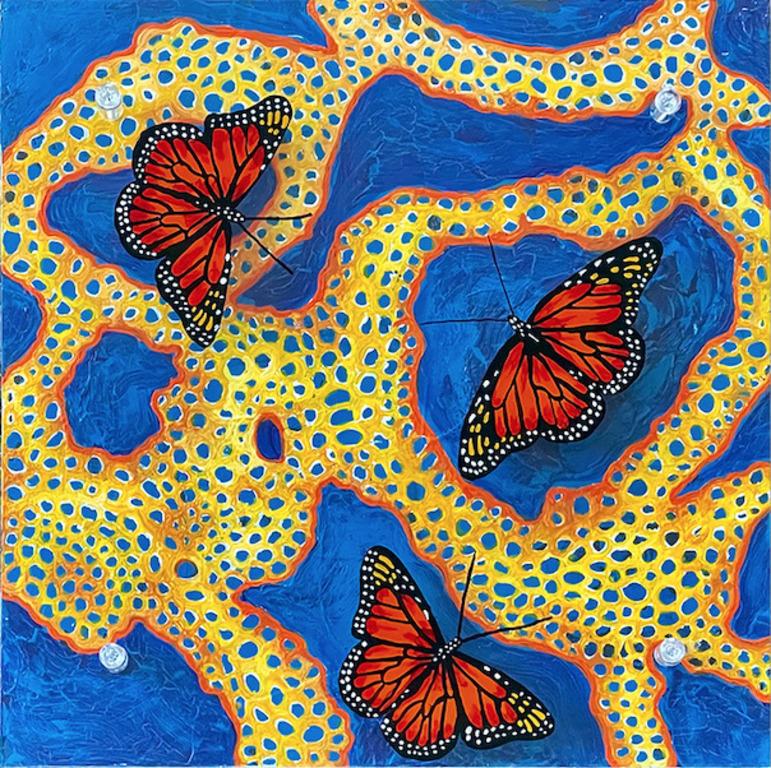 Colorful Abstract Mixed Media Painting with Butterflies, "Foraging" 2023