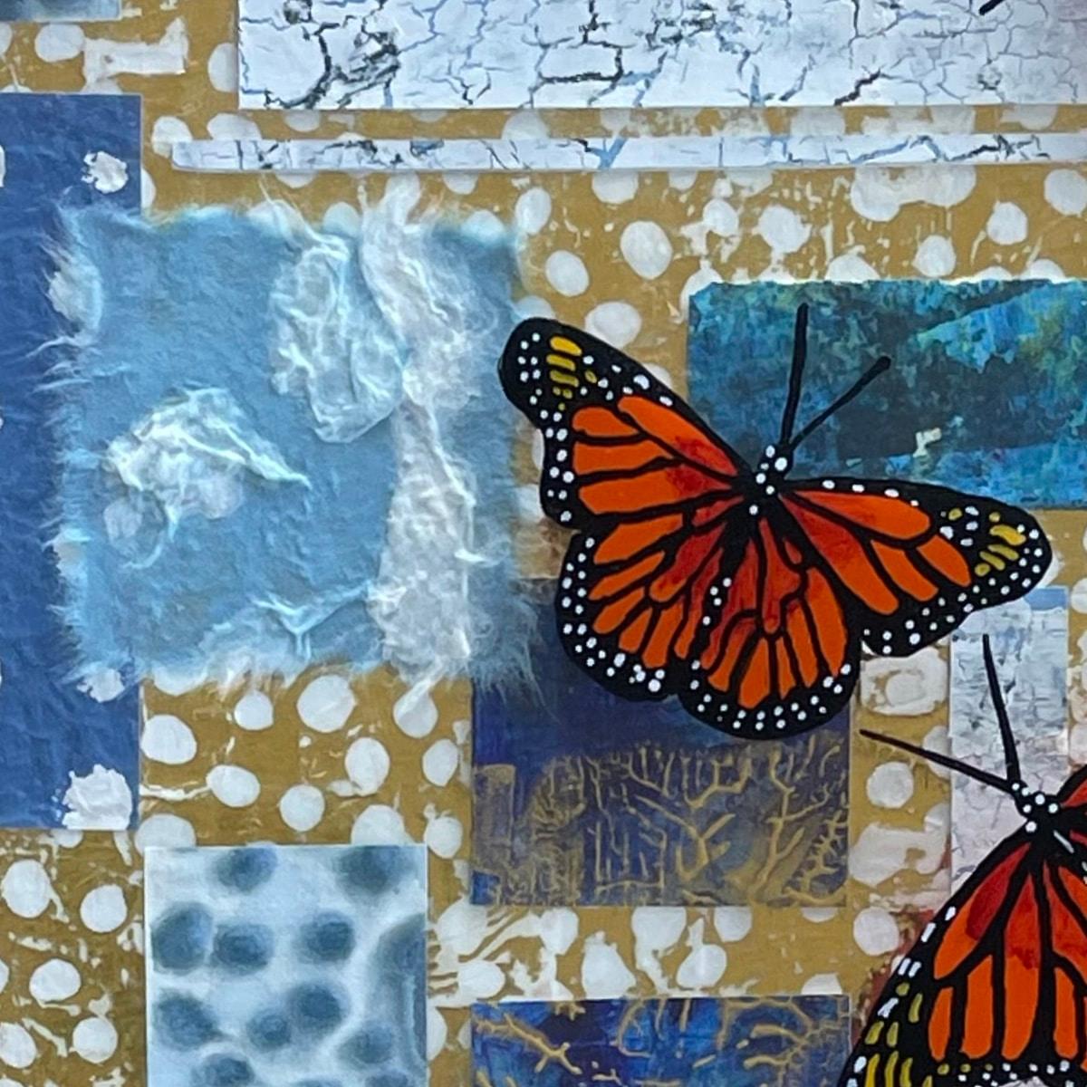 Dies ist eine von einer Art ursprünglichen gemischten Medien (Papiere aus verschiedenen Quellen, Farbstoff, Farbe, Plexiglas) abstrakte Malerei zeigt schöne Monarch-Schmetterlinge gegen geometrische Zusammensetzung von Kalifornien Künstler und