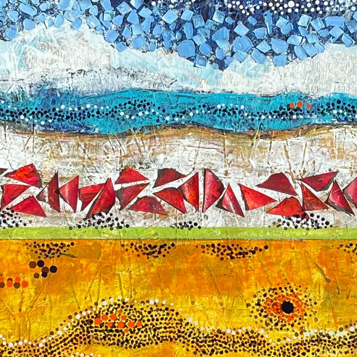 This is a one of a kind original mixed media (Acrylic, antique silk paper, Japanese paper, plexiglass) painting depicting a beautiful abstract landscape by California artist and educator, Kathleen Kane-Murrell, titled, 