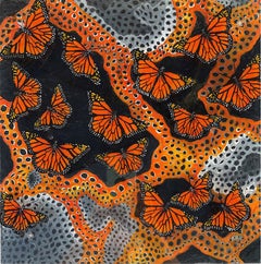 Buntes abstraktes Gemälde in Mischtechnik mit Schmetterlingen, „Safe Landing“, 2021