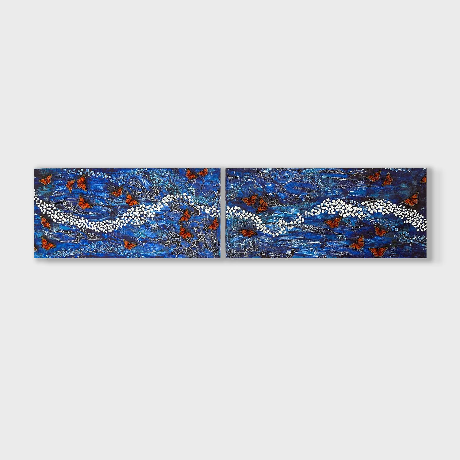 Großes abstraktes Diptychon mit Schmetterlingen, „Midnight Blue Diptychon“, 2022 (Abstrakt), Mixed Media Art, von Kathleen Kane-Murrell 