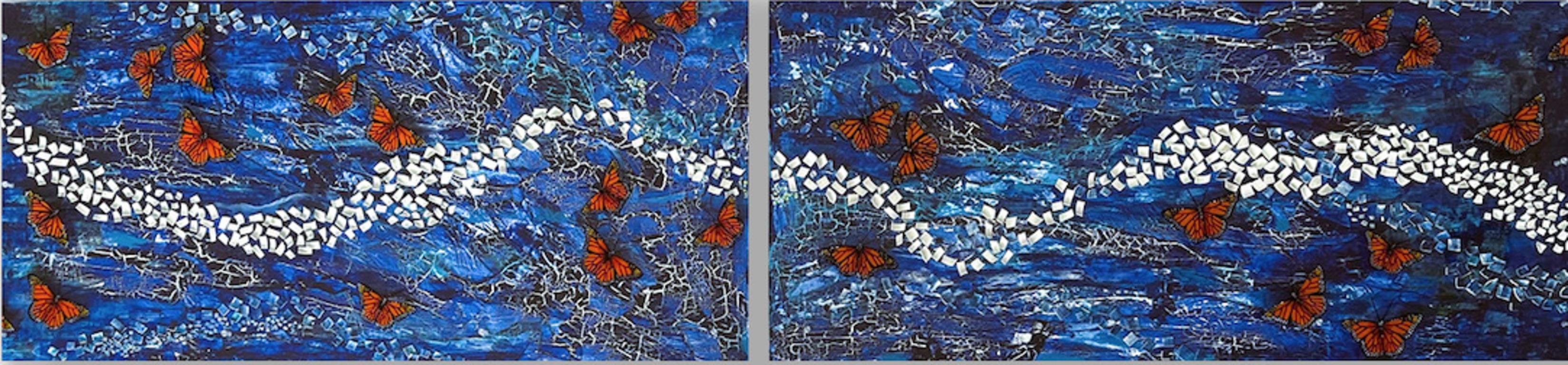 Gran Díptico Pintura Abstracta con Mariposas, "Díptico Azul Medianoche" 2022 - Mixed Media Art de Kathleen Kane-Murrell 