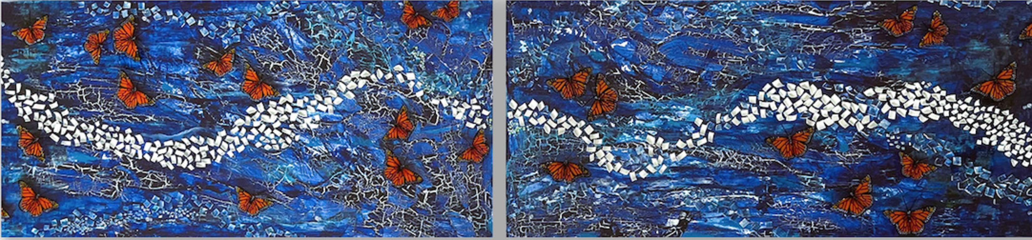 Grand Diptyque abstrait avec papillons, « Midnight Blue Diptyque » 2022