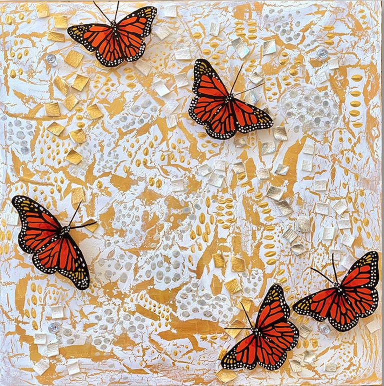 Abstraktes Gemälde in Mischtechnik mit Schmetterlingen, „Scattered“, 2023
