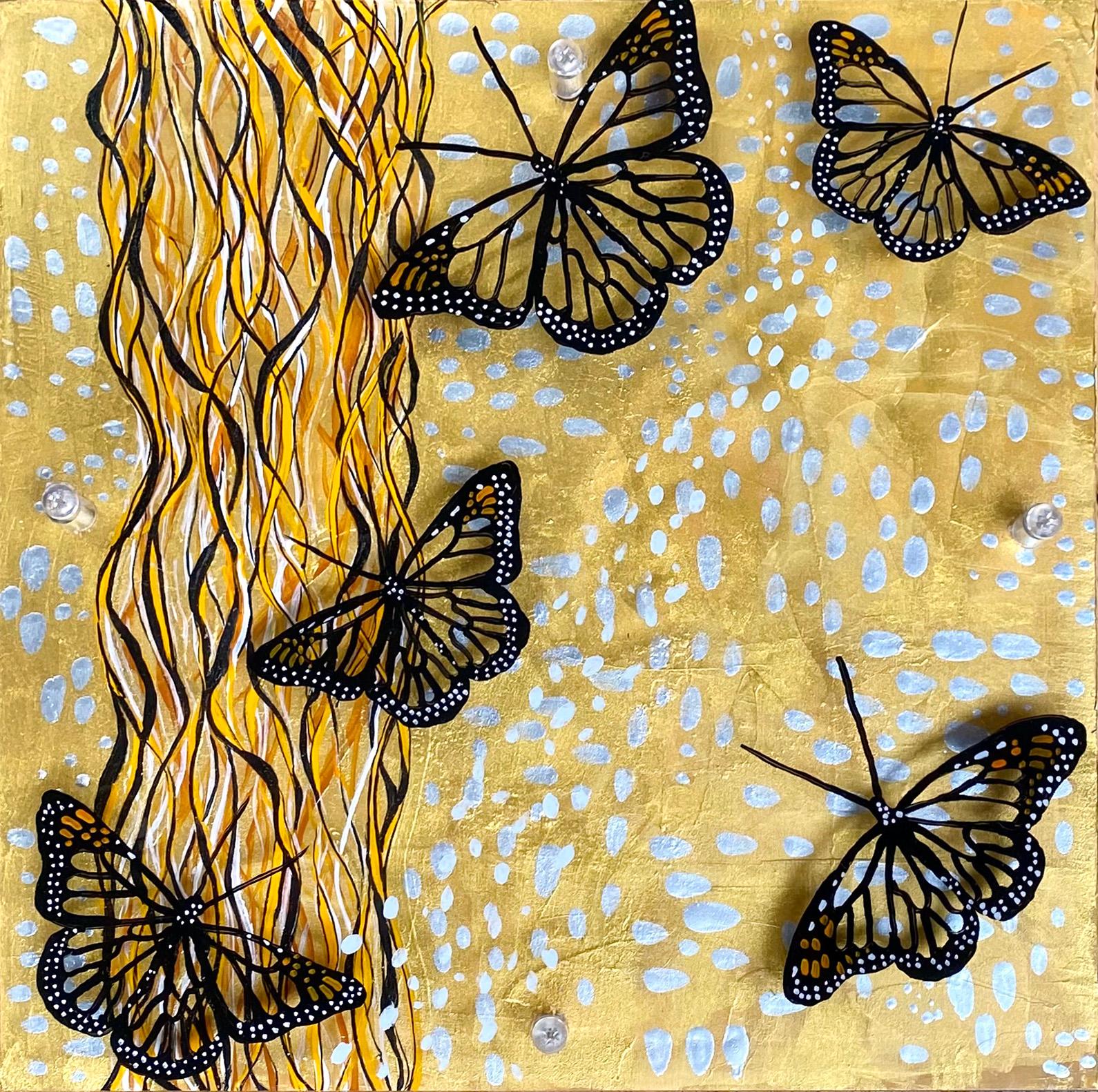Small Abstract Painting with Butterflies, "Hanging By Threads" 2023 - Mixed Media Art by Kathleen Kane-Murrell 