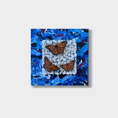 Petite peinture abstraite bleue avec papillons, « Into The Blue » 2022