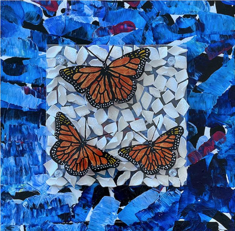 Pequeño cuadro abstracto azul con mariposas, "Into The Blue" 2022