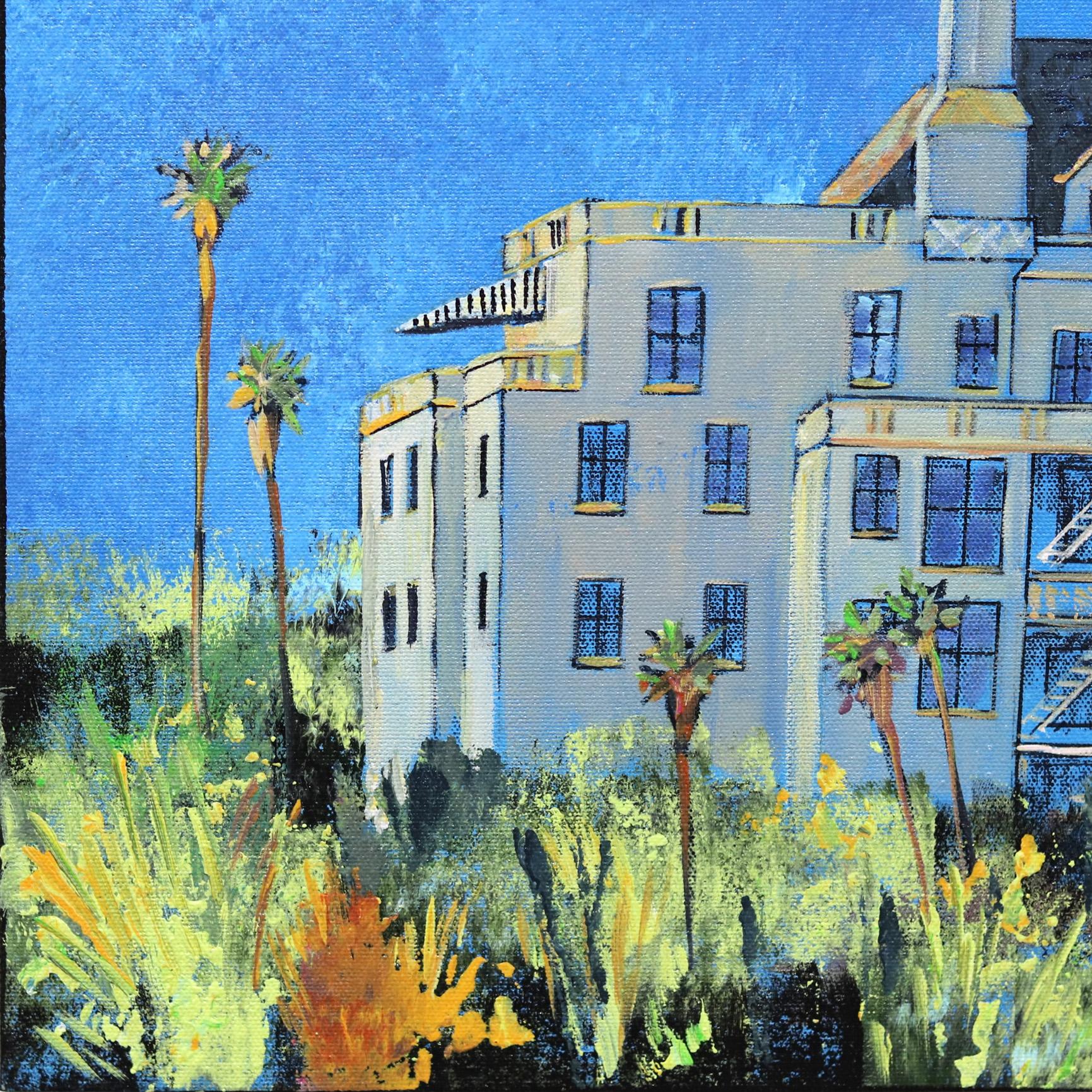 Afternoon Light on Chateau Marmont - Blue Landscape Painting by Kathleen Keifer