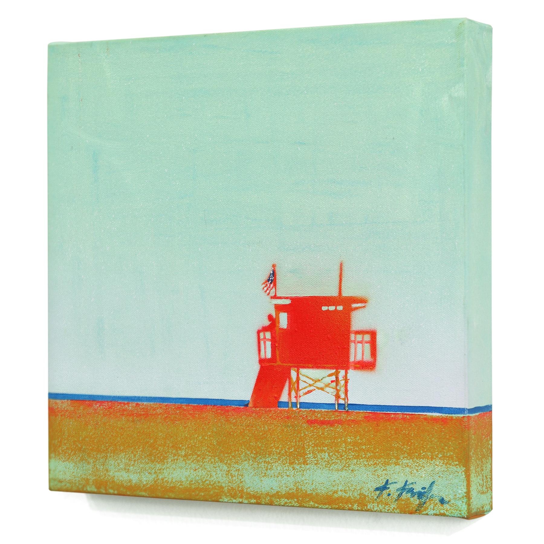 Belleza americana - Colorido puesto de socorrista en la playa Pintura original de paisaje oceánico - Abstract Painting Azul de Kathleen Keifer