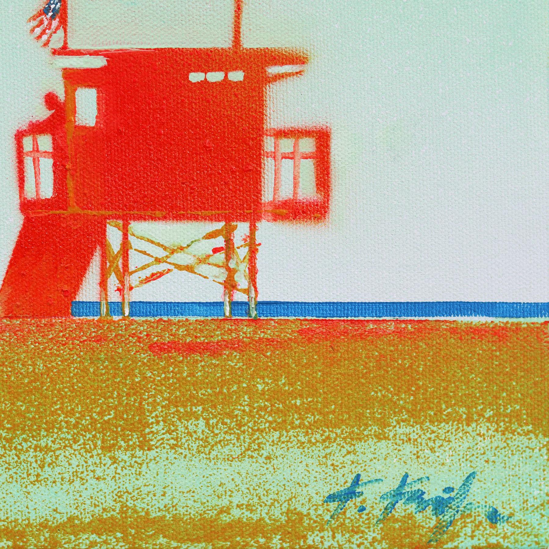 Belleza americana - Colorido puesto de socorrista en la playa Pintura original de paisaje oceánico 3
