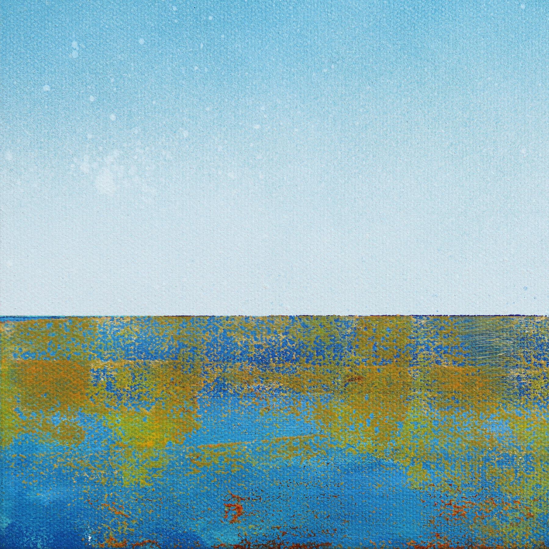 Prima dell'alba - Bagnino blu in piedi sulla spiaggia Pittura originale di paesaggio oceanico - Painting Astratto di Kathleen Keifer