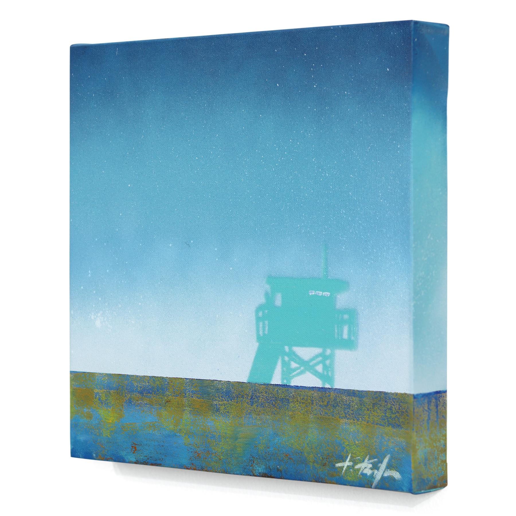 Prima dell'alba - Bagnino blu in piedi sulla spiaggia Pittura originale di paesaggio oceanico - Abstract Painting Blu di Kathleen Keifer