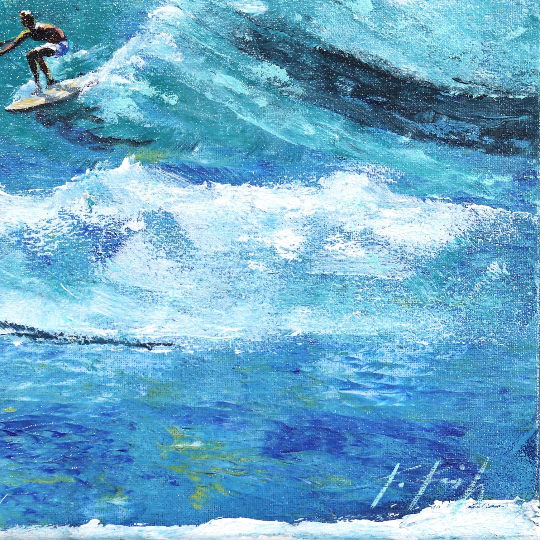 Le ciel bleu - Peinture originale de la vague surfant l'océan en vente 1