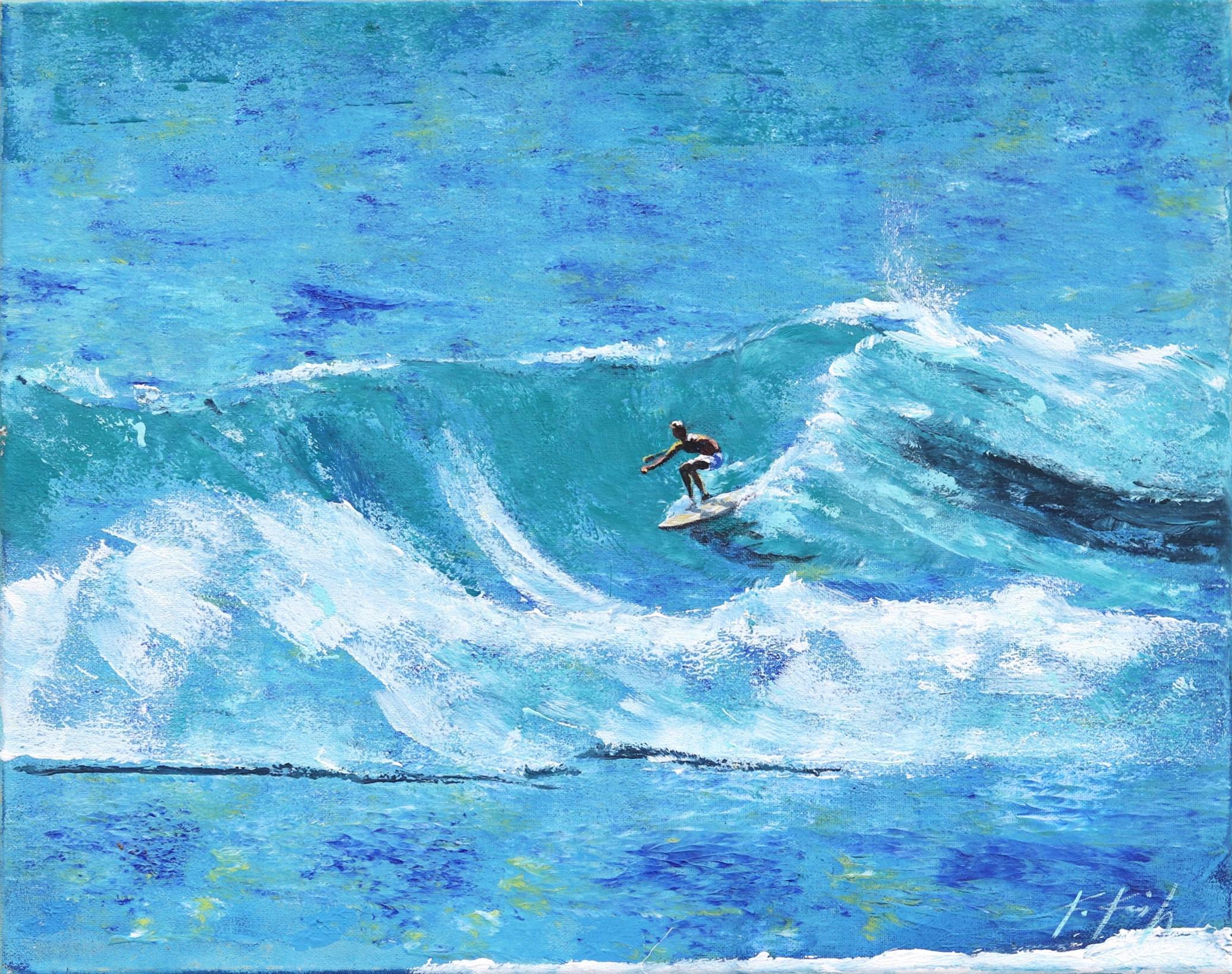 Blauer Himmel – Original Surfing the Ocean Wave Gemälde