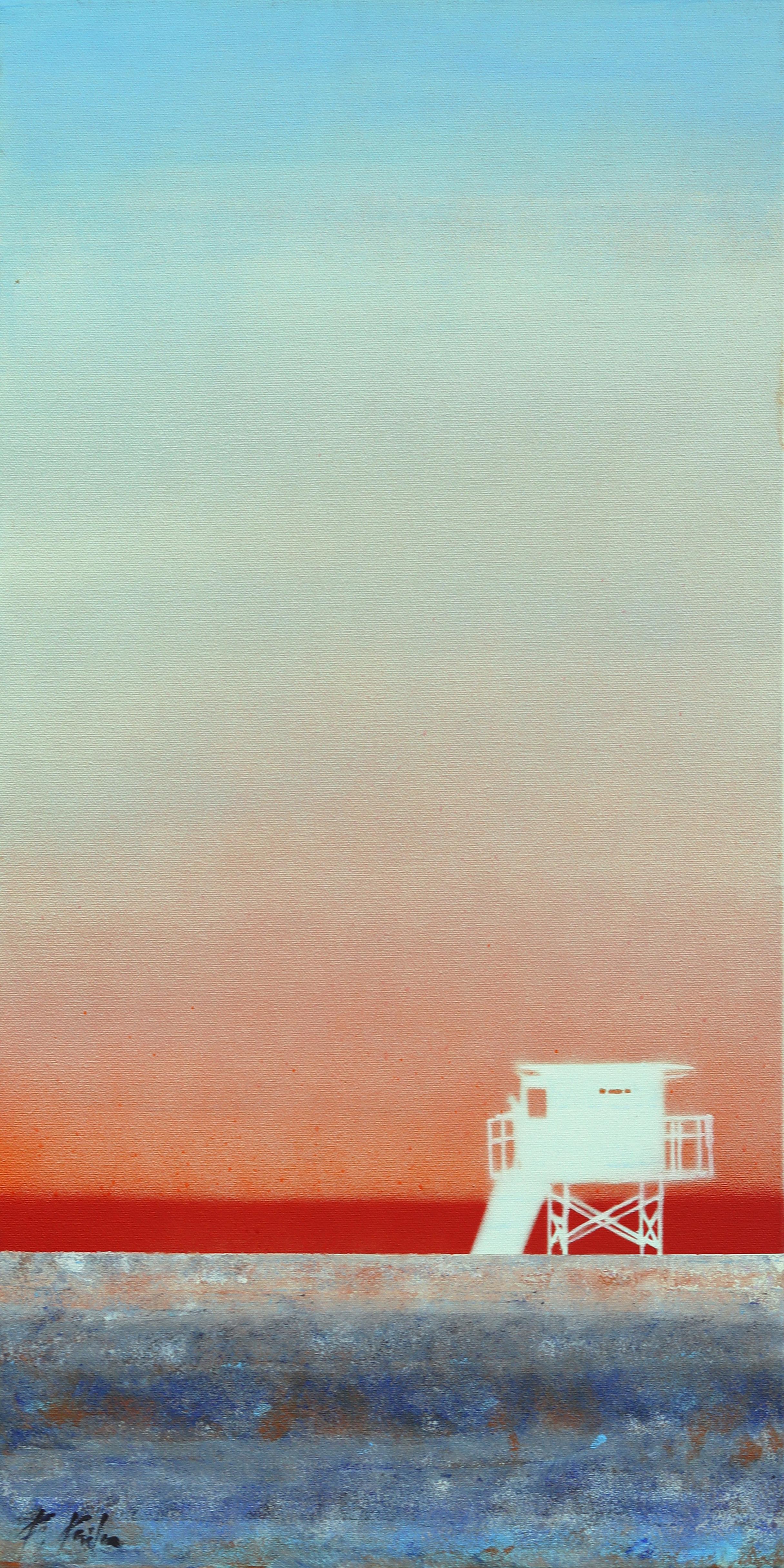 Blue To Orange Tower - Gradient Style Abstract Beach Still Life Acrylic Painting