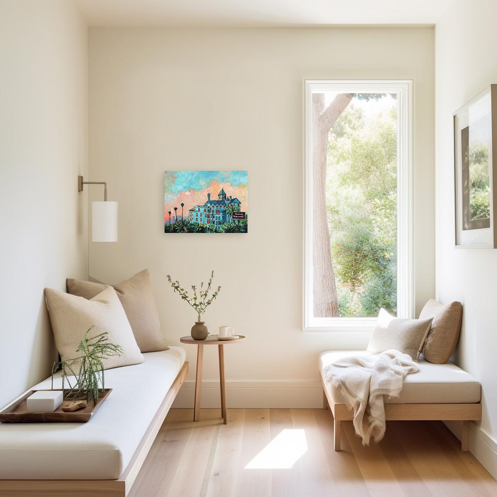 Castle on the Hill - Pink Blue Original Hollywood Still Life Landscape Painting (Château sur la colline - rose et bleu) - Gris Still-Life Painting par Kathleen Keifer
