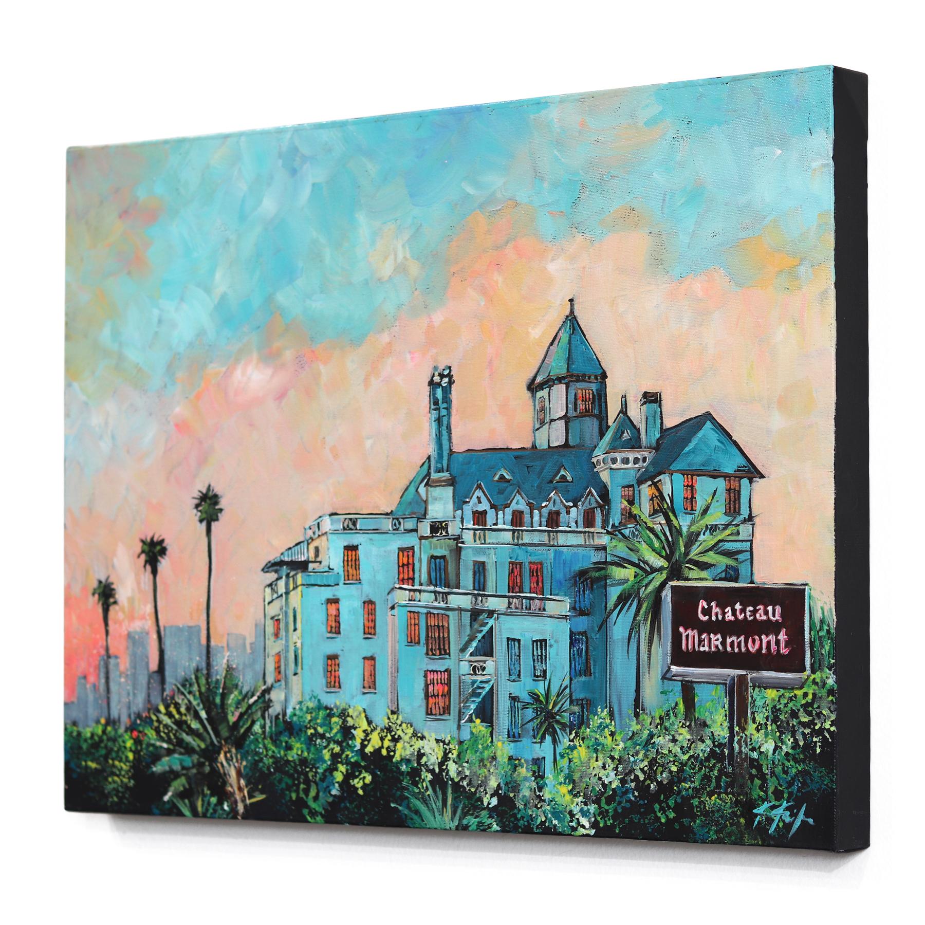 Castle on the Hill - Pink Blue Original Hollywood Still Life Landscape Painting (Château sur la colline - rose et bleu) en vente 1