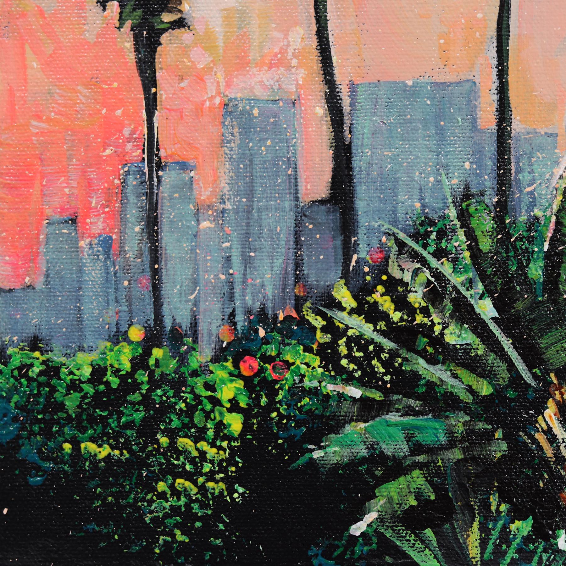 Castle on the Hill - Pink Blue Original Hollywood Still Life Landscape Painting (Château sur la colline - rose et bleu) en vente 4
