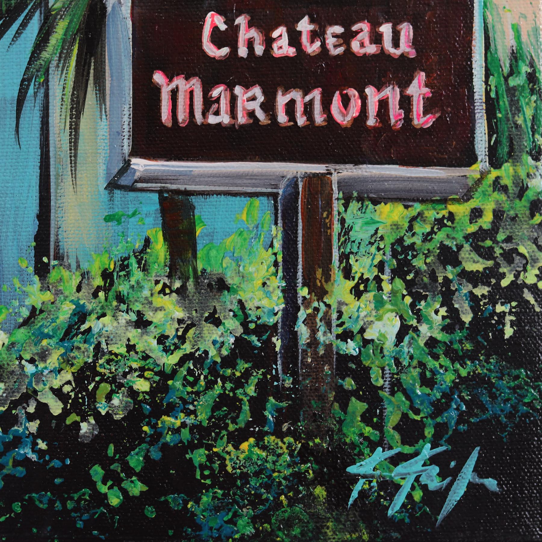 Castle on the Hill - Pink Blue Original Hollywood Still Life Landscape Painting (Château sur la colline - rose et bleu) en vente 5