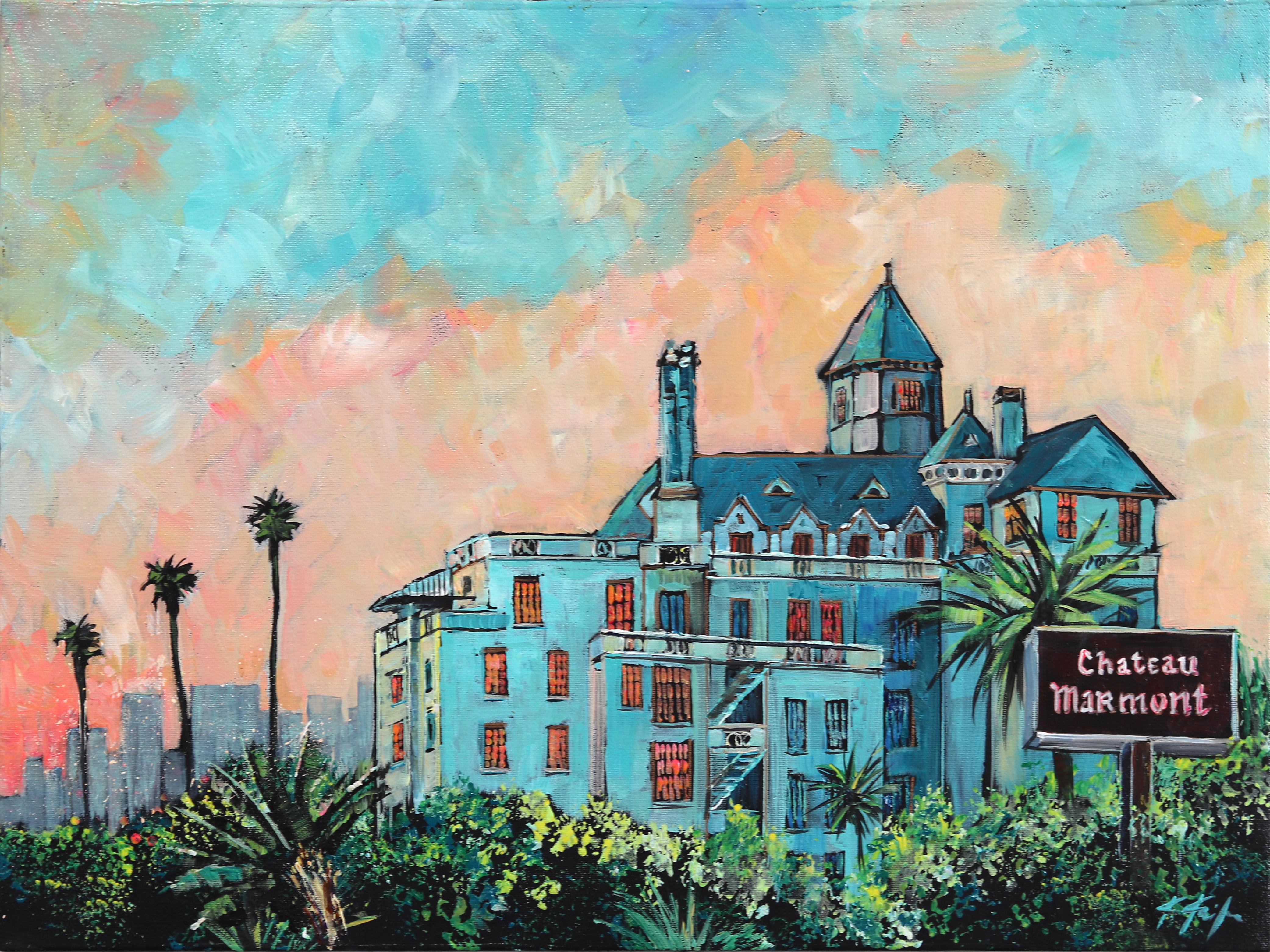 Still-Life Painting Kathleen Keifer - Castle on the Hill - Pink Blue Original Hollywood Still Life Landscape Painting (Château sur la colline - rose et bleu)