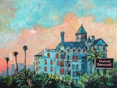 Castle on the Hill - Pink Blue Original Hollywood Still Life Landscape Painting (Château sur la colline - rose et bleu)