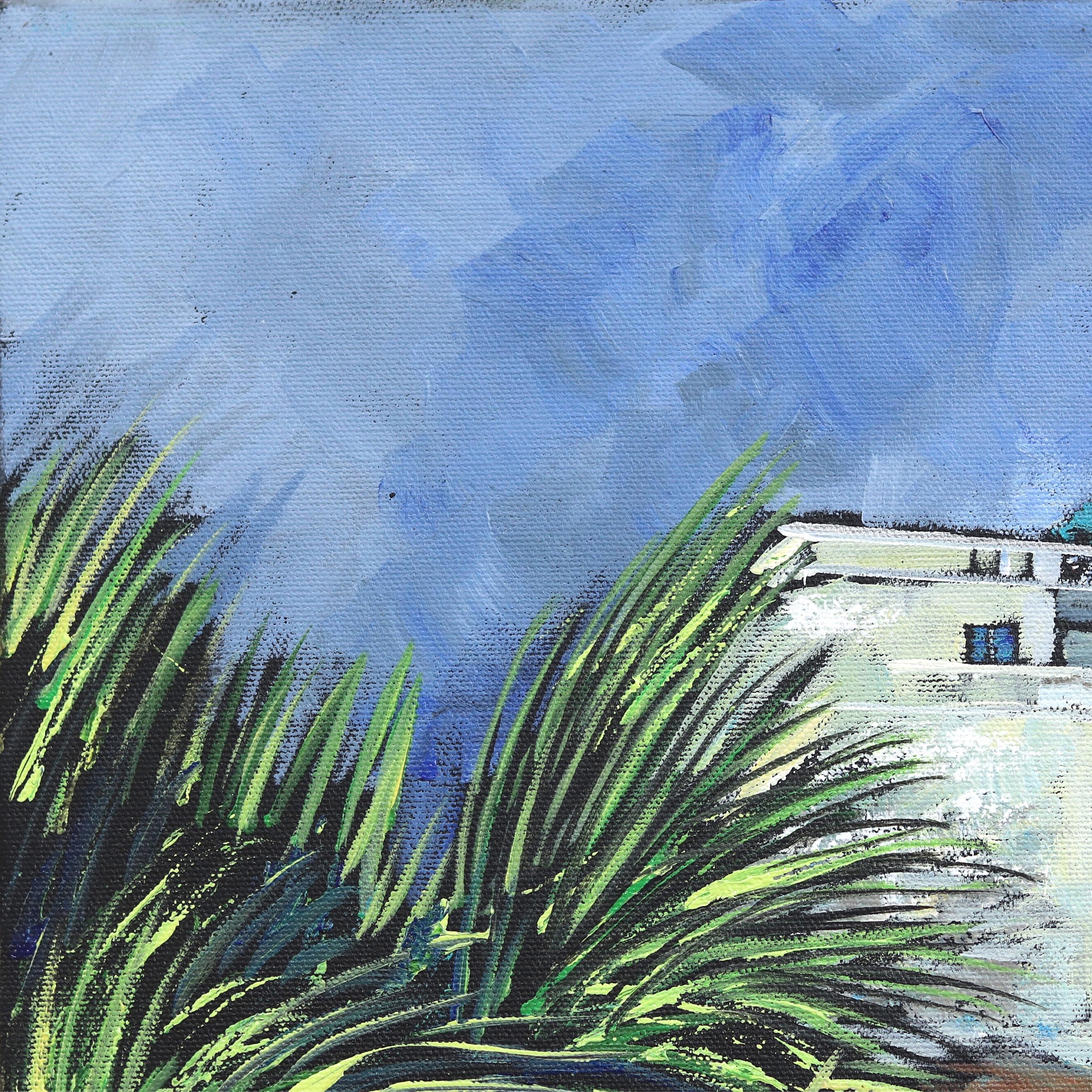 Chateau Marmont junto a la piscina - Pintura original inspirada en la arquitectura de un hotel icónico - Painting Impresionista abstracto de Kathleen Keifer