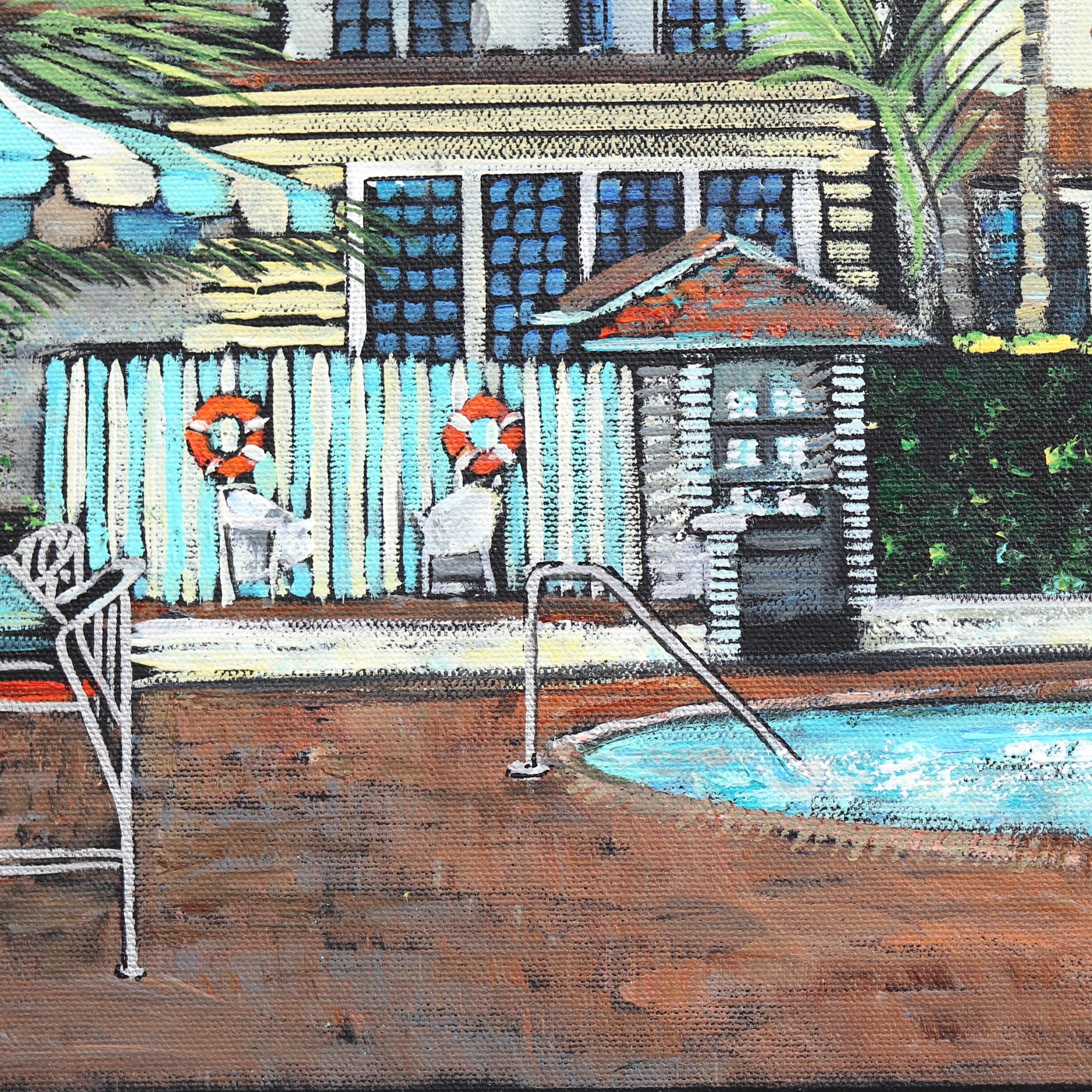Chateau Marmont junto a la piscina - Pintura original inspirada en la arquitectura de un hotel icónico 3