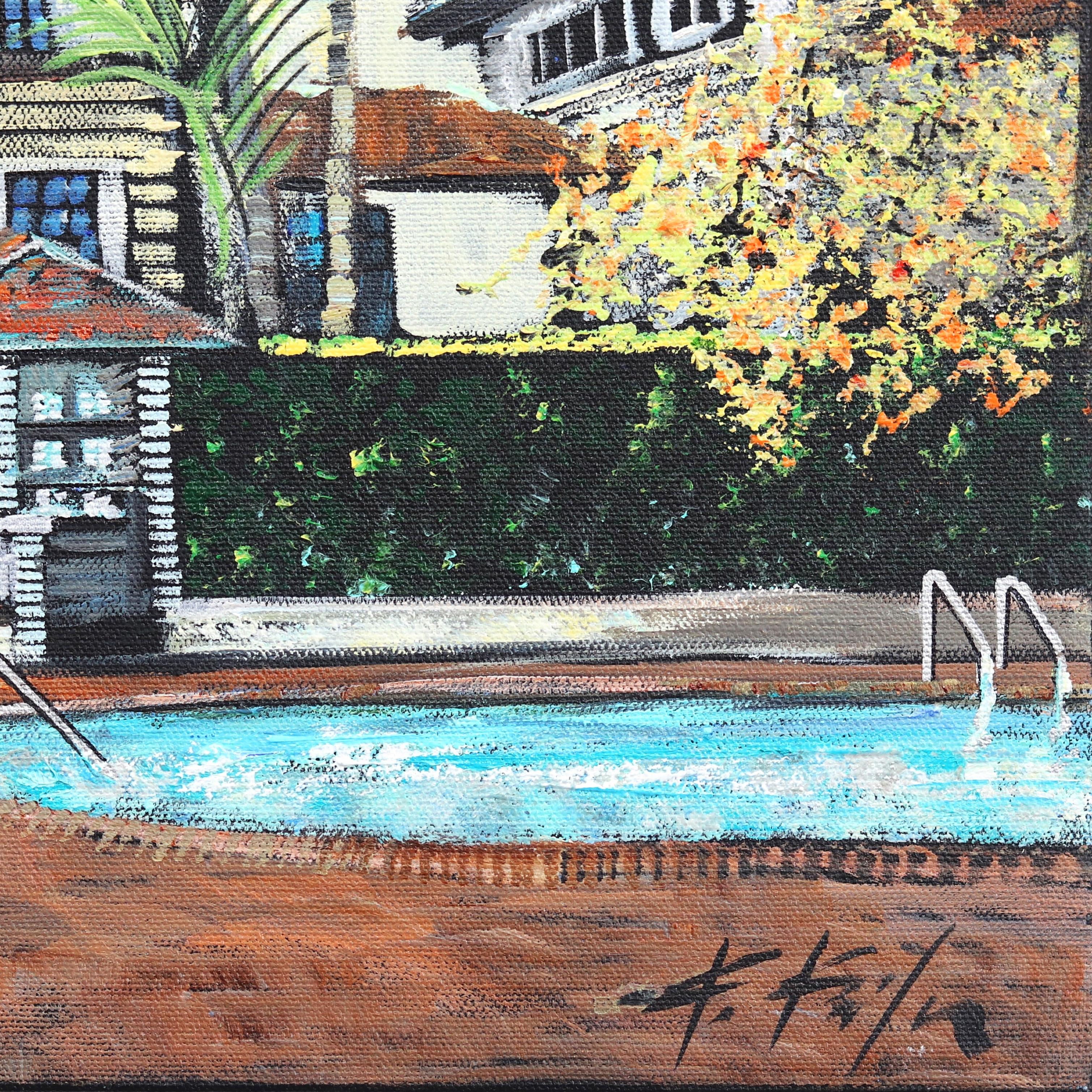 Chateau Marmont junto a la piscina - Pintura original inspirada en la arquitectura de un hotel icónico 4